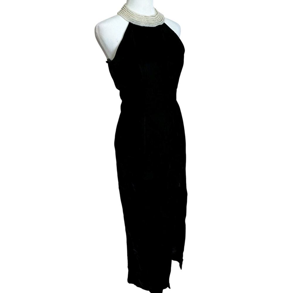 Vtg Algo Velvet Pearl Beaded Halter Prom Dress Long Black Gown Slit 4 90s Formal